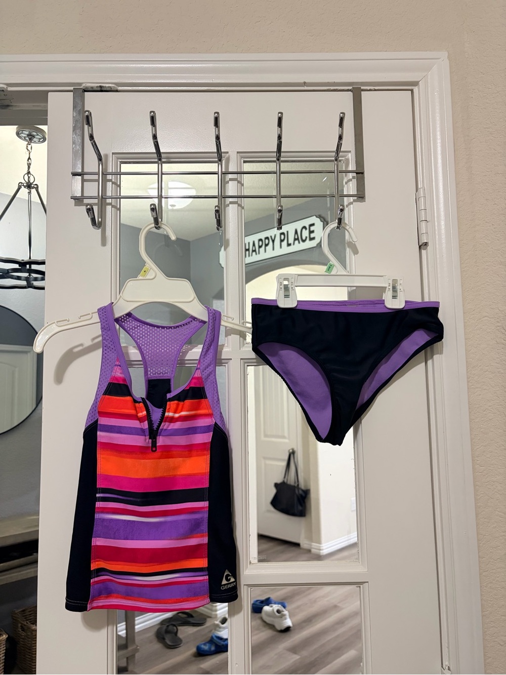 Girls' Striped Purple & Multicolor Tankini with Black Trim